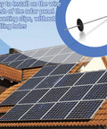 Rooftop solar panels with inset image of sturdy 304 stainless solar panel guard clips kit with self-locking washer and J hook.