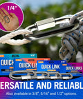Heavy Duty 316 Grade Stainless Steel Locking Chain Link Quick Links Set with Threaded Connectors displayed on rope, 4-pack