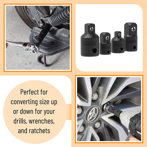 Impact Socket Adapter And Reducer Set, 4-Piece Drive Size Conversion Kit For 1/2 To 3/8, 3/8 To 1/4, 3/8 To 1/2, And 1/4 To 3/8 Inch