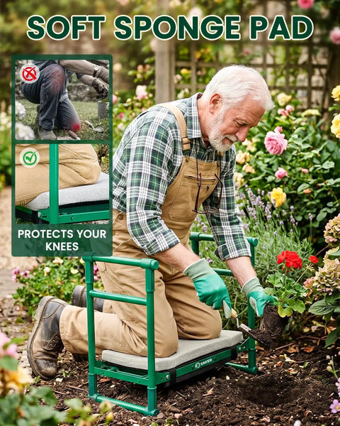 Elderly man using Beefy 500LB Capacity Garden Kneeler And Seat Two In One Garden Bench Foldable Stool for gardening