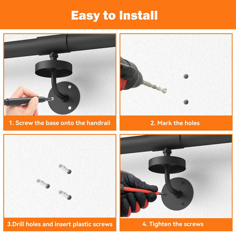 Top Shelf 7 Foot Industrial Pipe Stair Handrail In Classic Matte Black Finish installation steps with drill and screws.