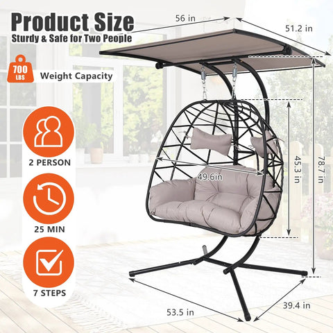Double Hanging Egg Chair With Canopy And Stand For Two People, Outdoor Rattan Hammock Swing Chair With 700 Lbs Capacity, dimensions