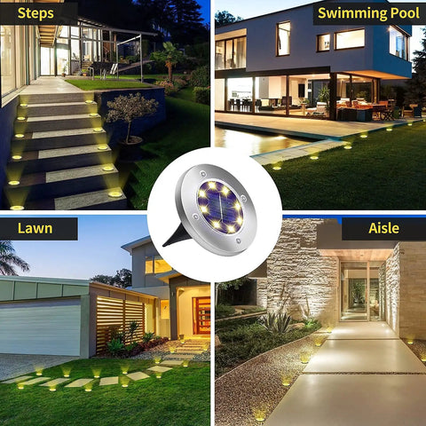 Solar Ground Lights 12 Pack With 8 LED Waterproof Disk Pathway Lights for Steps, Swimming Pool, Lawn, and Aisle