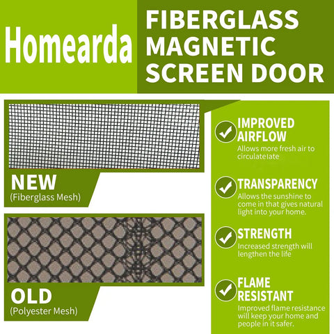 Comparison of fiberglass and polyester mesh on Magnetic Screen Door With Full Frame Seal And Weighted Bottom Fits 34x82
