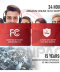Customer service team with headphones; certifications; 3-year warranty; manufacturing details; support contact info