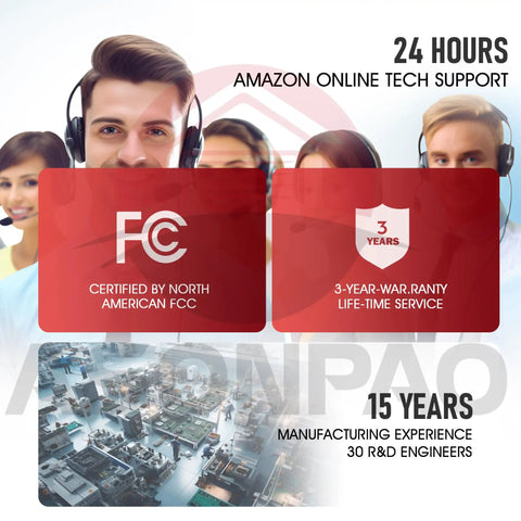 Customer service team with headphones; certifications; 3-year warranty; manufacturing details; support contact info