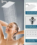 Woman enjoying Slick Polished Chrome Tub And Shower Faucet Set With 8 Inch Rain Shower Head and educational features guide.