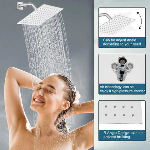 Woman enjoying Slick Polished Chrome Tub And Shower Faucet Set With 8 Inch Rain Shower Head and educational features guide.