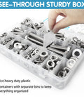 Stainless Steel Hex Bolts And Nuts Set With Case Includes One Quarter Twenty Five Sixteenth Eighteen And Three Eighth Sixteen Thread Sizes Heavy Duty Assorted Nuts And Bolts With Flat And Spring Washers For Diy Home Garage And Workshop Projects, organized in a clear plastic storage box.