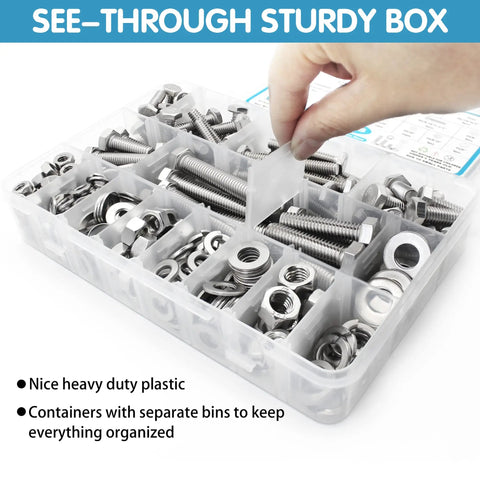 Stainless Steel Hex Bolts And Nuts Set With Case Includes One Quarter Twenty Five Sixteenth Eighteen And Three Eighth Sixteen Thread Sizes Heavy Duty Assorted Nuts And Bolts With Flat And Spring Washers For Diy Home Garage And Workshop Projects, organized in a clear plastic storage box.