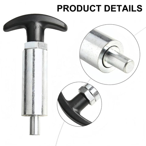 Heavy Duty Spring Loaded Pull Pin With Easy Grip Handle, close-up of steel latch with black handle and spring mechanism.
