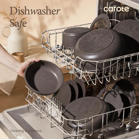 27 Piece Nonstick Pots And Pans Set With Detachable Handle, Dishwasher Safe shown in dishwasher for easy cleanup