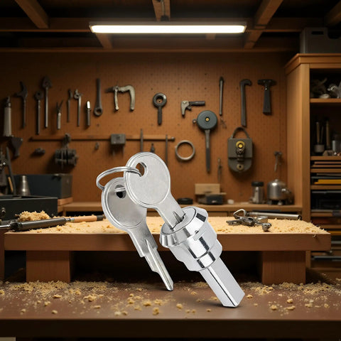 Universal Toolbox Lock For Toolboxes Cabinets And Furniture Drawers That Keeps Your Gear Safe With 180 Degree Rotation Locking Heavy Duty Iron Construction Fits Most Drawers Easy Install silver key lock on workbench