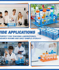 Collage showing Six Pack 28 Well Test Tube Rack Set for 10 mL 15 mL and 50 mL tubes in use in labs with orange and blue rims.