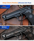 All In One Gun Cleaning Kit With CLP Oil For Rifle And Pistol Maintenance Includes 3.4oz Gun Oil, 2oz Needle Lubricant showing pistol before and after cleaning