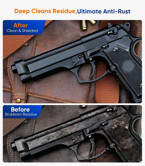 All In One Gun Cleaning Kit With CLP Oil For Rifle And Pistol Maintenance Includes 3.4oz Gun Oil, 2oz Needle Lubricant showing pistol before and after cleaning