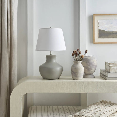 Grey Organic Gourd Ceramic Table Lamp for Bedroom, Living Room, Dining, Entryway - 18 Inch Tall With Rotary Switch on desk