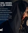 Cooling Hoodie Towel For Sports That Cools When Wet Quick Chill To 30 Degrees Below Body Temp In Under 30 Seconds UPF 50 Sun Protection Contours Your Head And Stays Put Black Hooded Towel worn by person in black hood