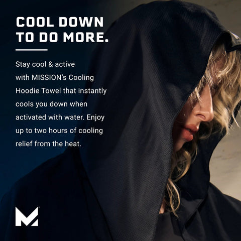 Cooling Hoodie Towel For Sports That Cools When Wet Quick Chill To 30 Degrees Below Body Temp In Under 30 Seconds UPF 50 Sun Protection Contours Your Head And Stays Put Black Hooded Towel worn by person in black hood
