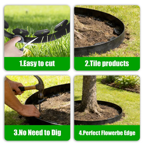 Collage of 100 Ft No-Dig Garden Edging 2 Inch Flexible Landscape Border DIY install steps, including cutting, placing, and securing in soil