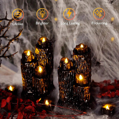 Dripping Black Flameless Tea Lights 24 Pack With Warm White Flickering LED Candles for Halloween Decor; spooky setup