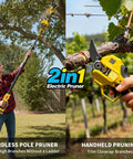 Two-In-One Electric Pole Pruning Shears With Detachable Handheld Cutter in use, trimming high branches and close-ups.