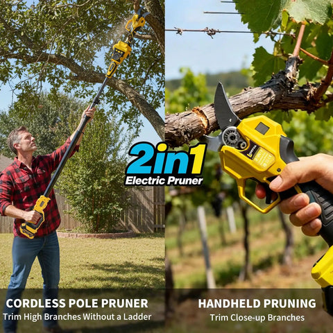 Two-In-One Electric Pole Pruning Shears With Detachable Handheld Cutter in use, trimming high branches and close-ups.