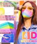 Woman wearing rainbow KN95 Face Masks 60 Pack Individually Wrapped 5 Layer Colorful Disposable Masks with elastic ear loops outdoors