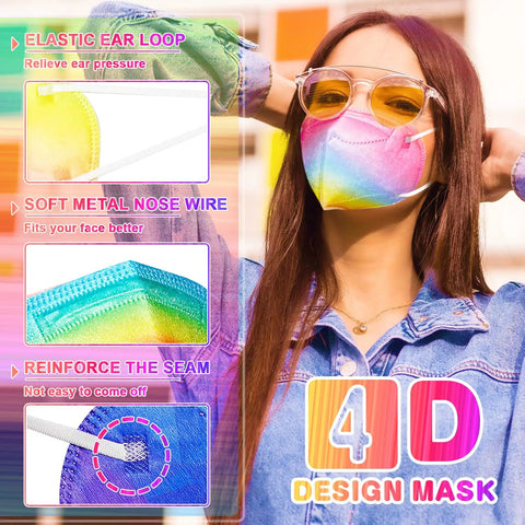 Woman wearing rainbow KN95 Face Masks 60 Pack Individually Wrapped 5 Layer Colorful Disposable Masks with elastic ear loops outdoors