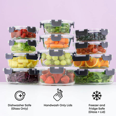 24Pc Borosilicate Glass Storage Containers With Lids For Meal Prep And Lunch, Airtight Freezer Safe Options shown stacked with fruits