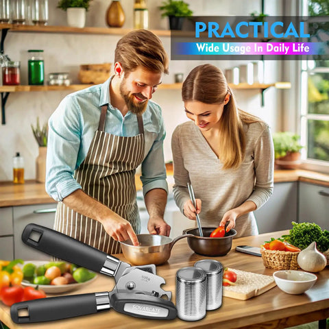 Manual Can Opener Heavy Duty Multifunction With Magnet Lift Plus Ergonomic Curved Handle Grip Stainless Steel Arthritis Friendly Kitchen Tool For Seniors Camping And Bottle Opener shown with couple cooking in the kitchen.
