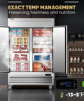 Tough As Nails 54 Inch Commercial Freezer 49 Cubic Feet Two Door Reach In Stainless Steel with food and ice fog exposure.