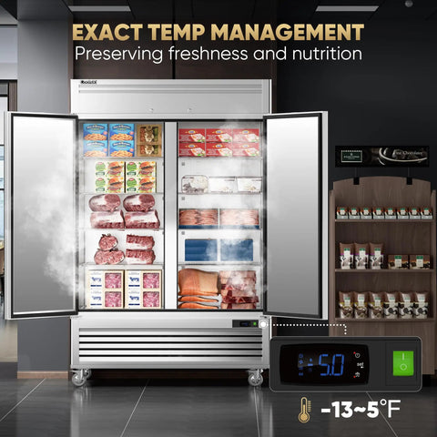 Tough As Nails 54 Inch Commercial Freezer 49 Cubic Feet Two Door Reach In Stainless Steel with food and ice fog exposure.
