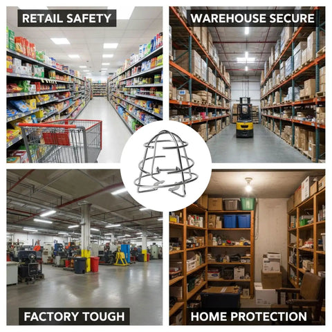 Six Pack Beater Proof Fire Sprinkler Head Guard Cage Heavy Duty Iron Recessed Protective Cover For Half Inch Pipe Rust Resistant Silver Finish displayed in retail and warehouse environments.