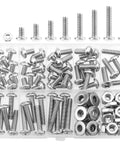 Pro Grade Heavy Duty Pack Of 102 Number 12-24 Phillips Pan Head Machine Screws paired with Hex Nuts and Flat Washers in organizer.