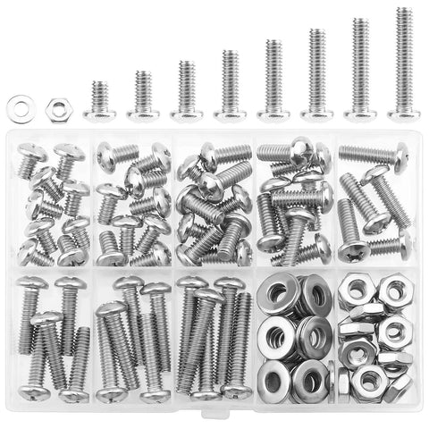 Pro Grade Heavy Duty Pack Of 102 Number 12-24 Phillips Pan Head Machine Screws paired with Hex Nuts and Flat Washers in organizer.