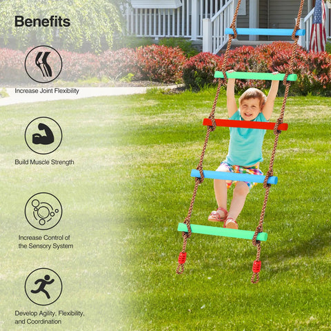 Child playing on Rope Ladder And Disc Swing Set For Kids, Durable Climbing Ladder For Swing Sets in backyard setting
