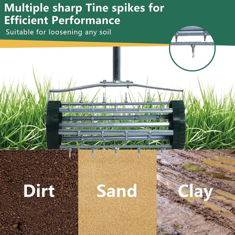 Heavy Duty Rolling Lawn Aerator With 1.4 Inch Spikes And 57 Inch Handle, suitable for dirt, sand, and clay soil.