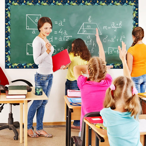 Classroom with teacher and students, 65 Foot World Map Bulletin Board Border With Scalloped Edges Rolled Border Trim on chalkboard