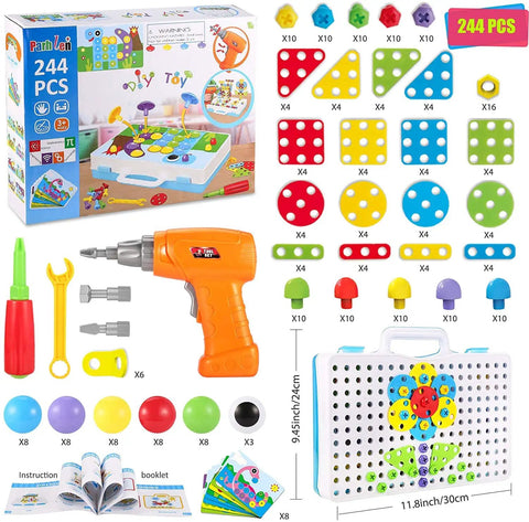 244 Piece Electric Screwdriver Building Kit for Kids 4 to 10 years old DIY construction blocks with nuts bolts wheels