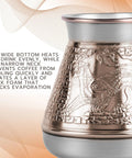 Close-up of Leopard Copper Turkish Cezve 14 Fl Oz 400 Ml Large Turkish Coffee Pot With Wooden Handle, showing embossed design.