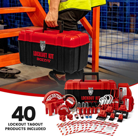 Grab And Go Lockout Tagout Kit With 39 Pack OSHA Compliant Locks And Red Double Decker Toolbox For Industrial Electrical Breakers