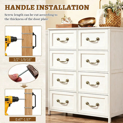 Old-School Brass Drop Bail Cabinet Pulls Set Of 8, 3.5 Inch Center Hole, installation guide on white dresser.