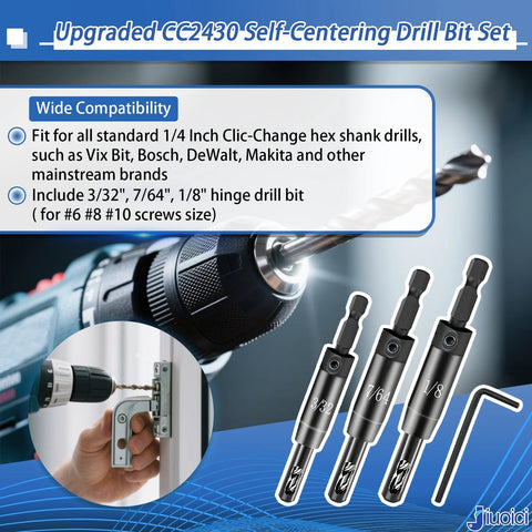 Self-centering hinge drill bit CC2430 with 3/32, 7/64, 1/8 in bits; hex-shank and Allen wrench (Jiuoici).