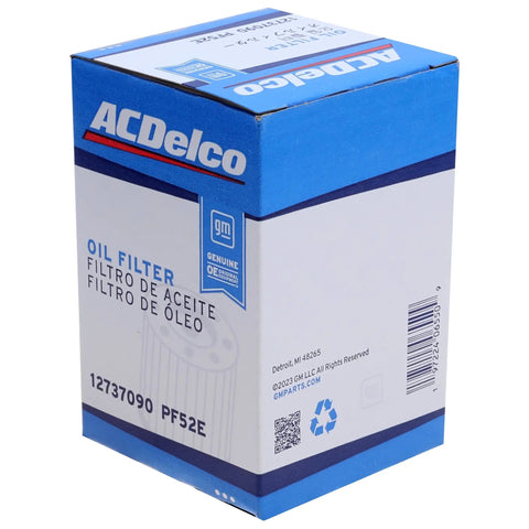 GM Original Equipment PF52E Oil Filter OE Grade Replacement For Cars And Light Trucks Delivers Strong Filtration To Guard Bearings And Engine Hydraulics, Part 12737090 Ready For Easy Upgrade. Blue ACDelco box
