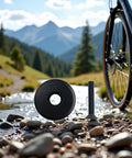 Black Front Fork Stem Top Cap And Screw For One And One Eighth Inch Road Bike Stems Handlebars And Headsets Twenty Eight Point Six Millimeter Compatible Decorative Front End Accessory That Upgrades Your Ride With Sleek Style shown near a mountain stream with a bicycle in the background.