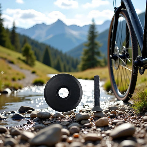Black Front Fork Stem Top Cap And Screw For One And One Eighth Inch Road Bike Stems Handlebars And Headsets Twenty Eight Point Six Millimeter Compatible Decorative Front End Accessory That Upgrades Your Ride With Sleek Style shown near a mountain stream with a bicycle in the background.