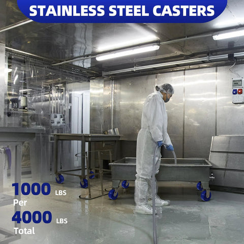 Stainless steel 5-inch heavy-duty caster with blue polyurethane wheel and brake on lab cart (front view)