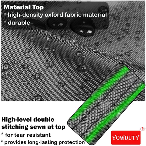 Close-up of waterproof Oxford fabric with droplets and double stitching for Beefed Up Weatherproof Patio Cooler Bar Table Cover For Keter Pacific 7.5 Gallon Cool Bar 21 Inch Diameter By 23 Inch High Waterproof Outdoor Cover With Tear Resistant And Double Stitched Oxford Fabric For All Weather Protection.