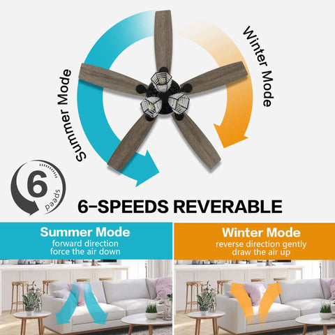 Diagram of Crystal 52 Inch Ceiling Fan With Lights Remote Slick 6 Speed DC Motor Farmhouse Caged Design Black Finish 3 Light Kit showing summer and winter modes.